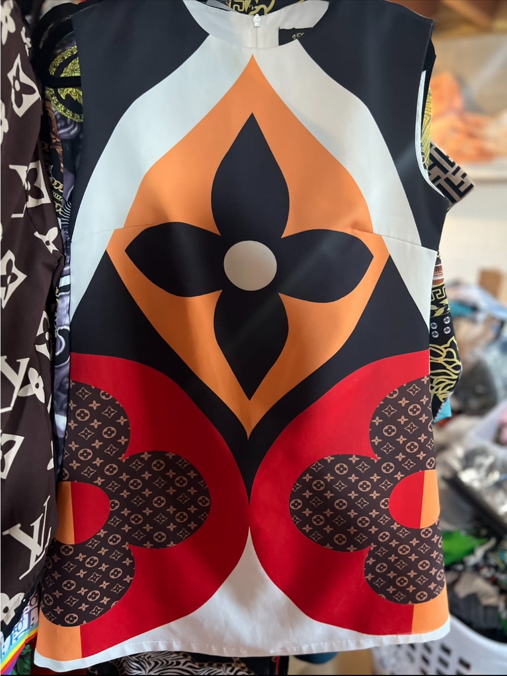 Sleeveless Geometric Print Tunic Top in Orange, Black & Red